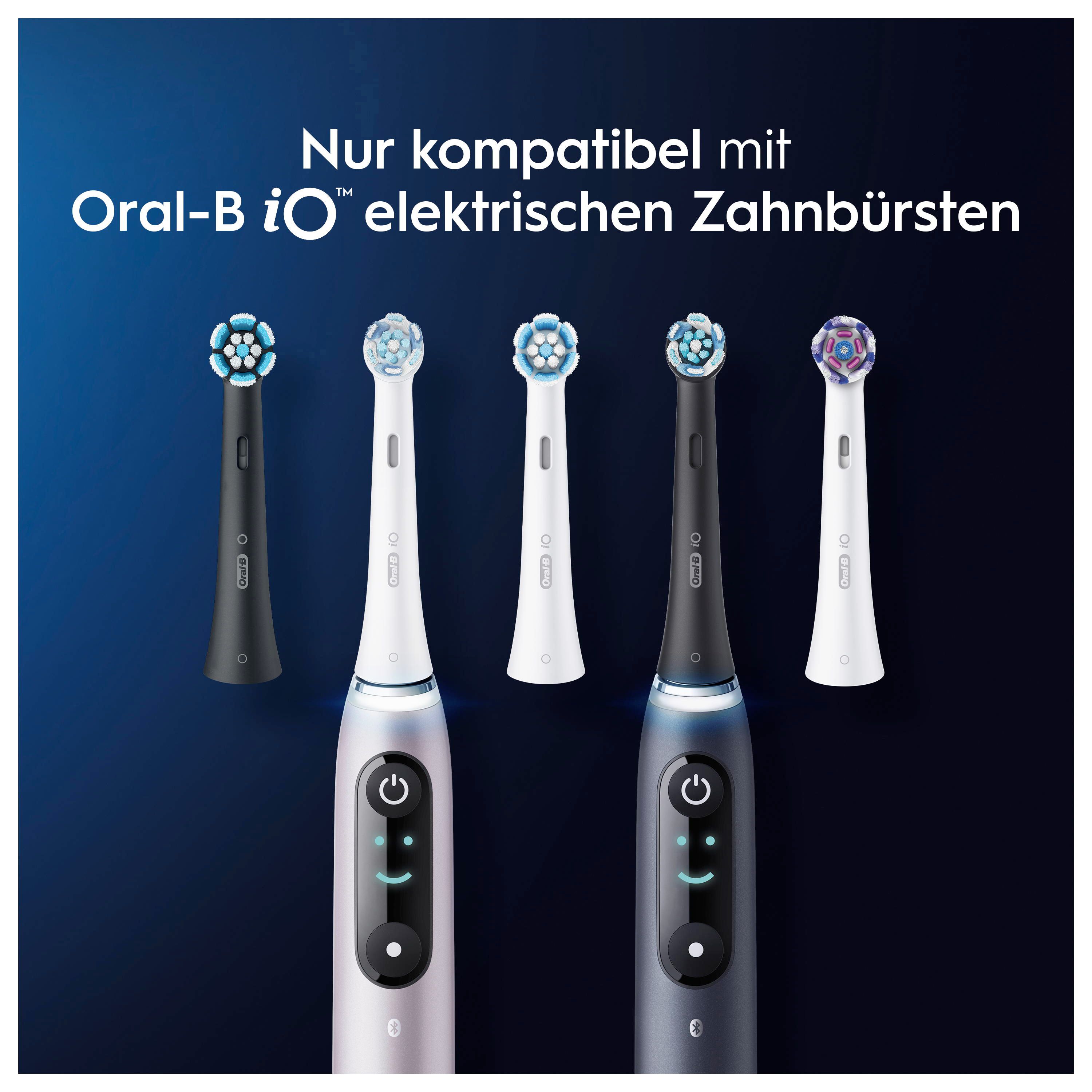 Zahnbürsten und elektrische Zahnbürsten. Text: Nur kompatibel mit Oral-B iO elektrischen Zahnbürsten.