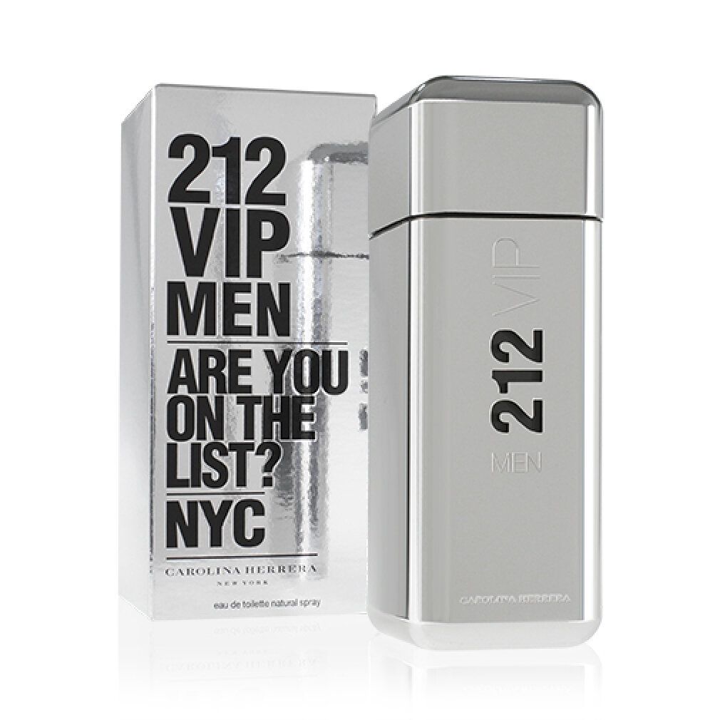 Silberfarbener Flakon und silberne Schachtel. Aufschrift: 212 VIP MEN, ARE YOU ON THE LIST? NYC. Marke Carolina Herrera.