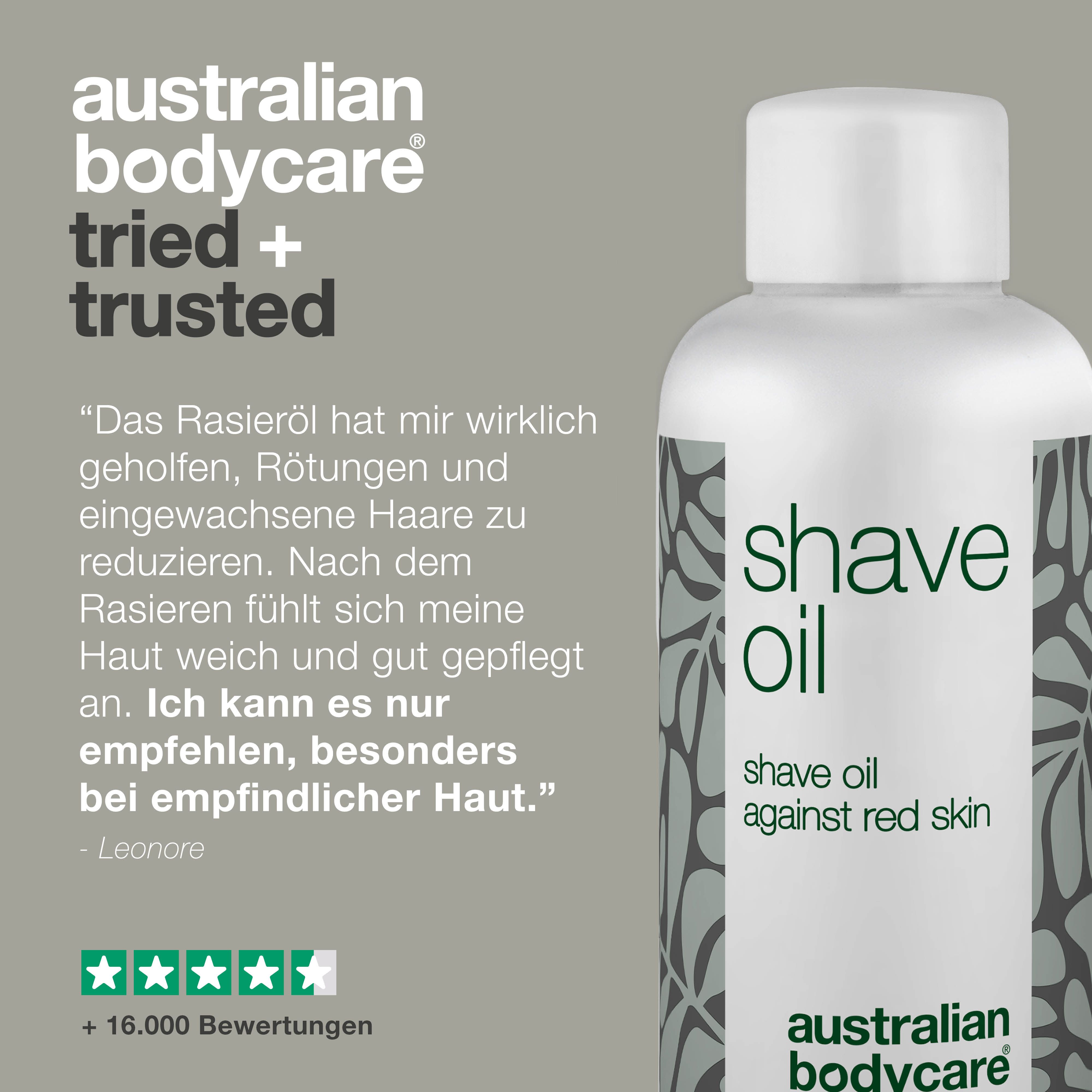Flasche „Shave Oil“. Text: Erfahrungsbericht. 5 Sterne Bewertung. +16.000 Bewertungen.