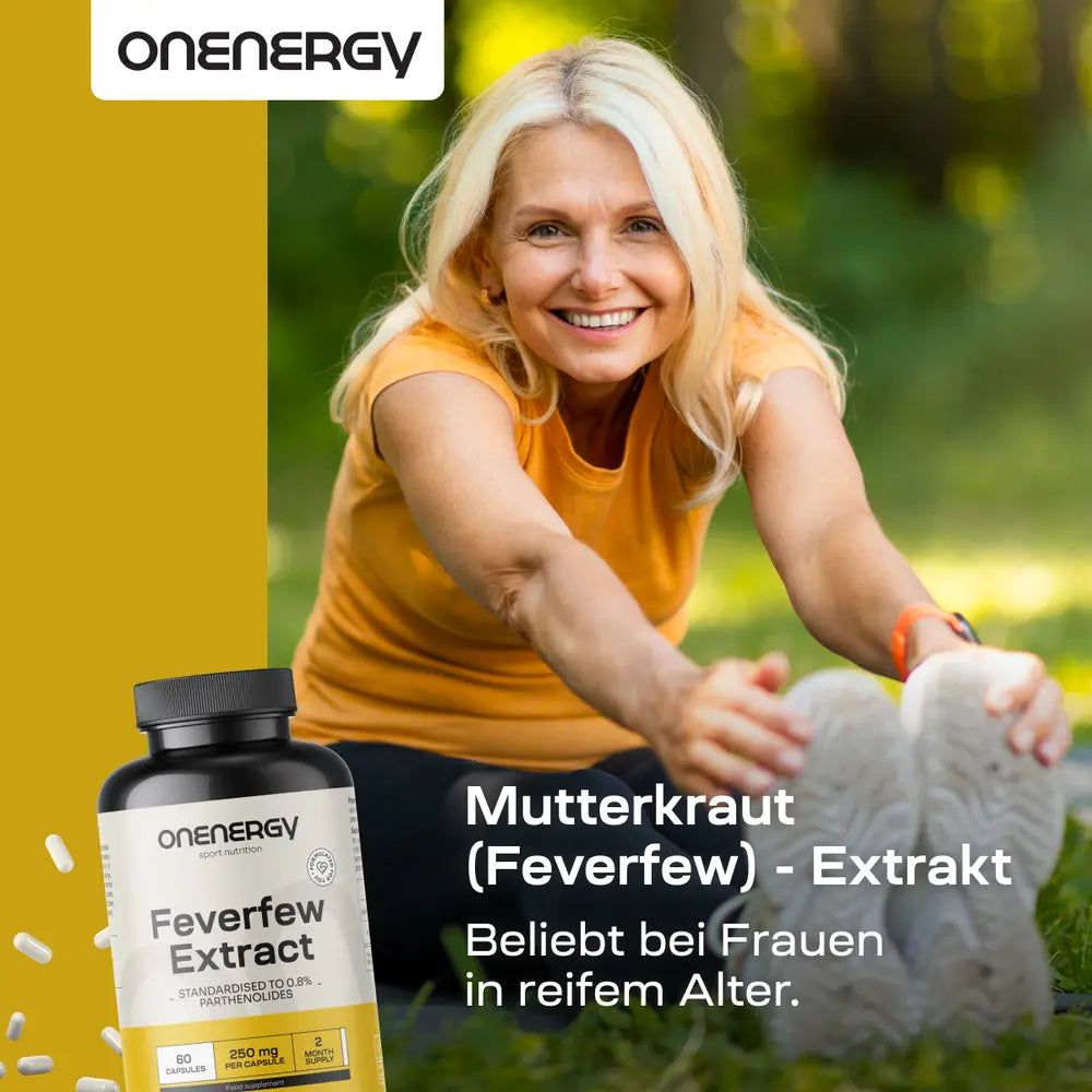 Frau dehnt sich im Freien, daneben eine Flasche OnEnergy Mutterkraut Extrakt.
