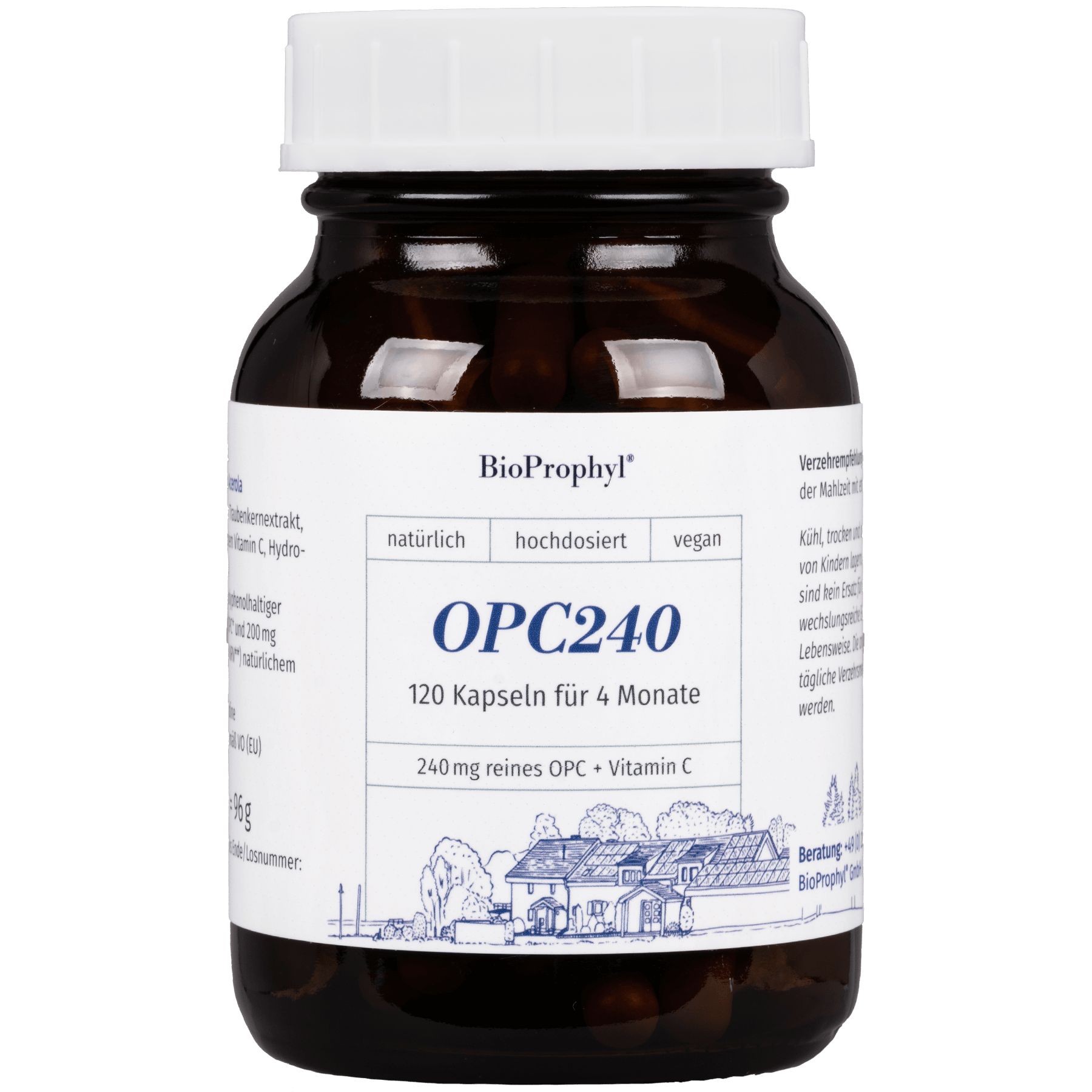 Braune Glasflasche mit weißem Deckel. Aufschrift: BioProphyl OPC240, 120 Kapseln. Enthält 240mg reines OPC + Vitamin C.