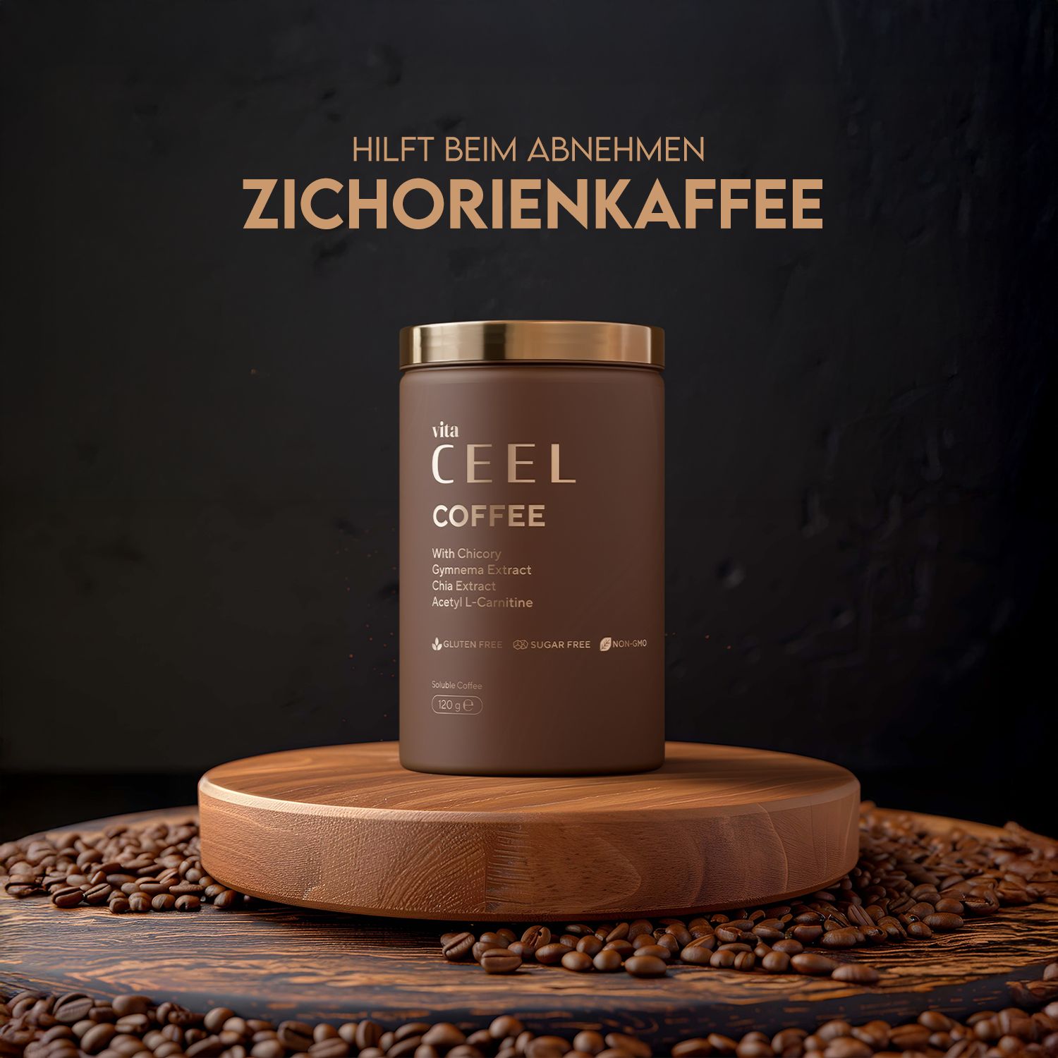 Braune Dose "CEEL COFFEE" mit goldenem Deckel, enthält Chicorée-Kaffee, mit Gymnema-Extrakt und L-Carnitin.