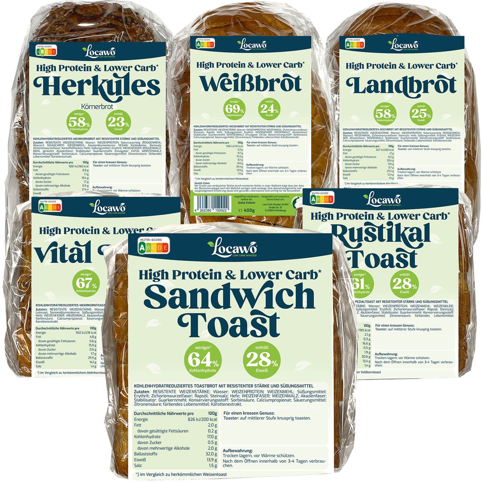 Mehrere Brotsorten in Folie verpackt. Aufdrucke: Locawo, High Protein & Lower Carb, Herkules, Weißbrot, Landbrot, Vital, Rustikal Toast, Sandwich Toast.