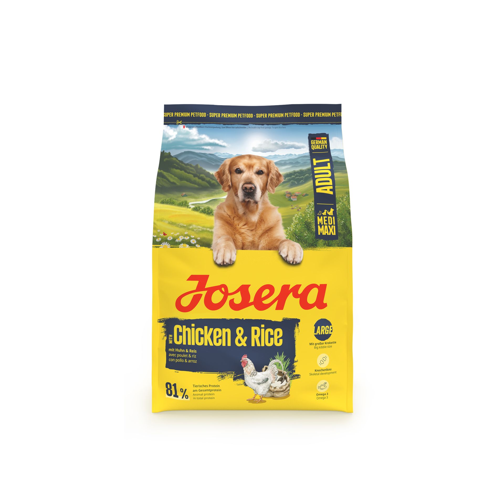 Josera Huhn & Reis Large Breed Hundefutter-Sack mit Hundebild und Produktinformationen.