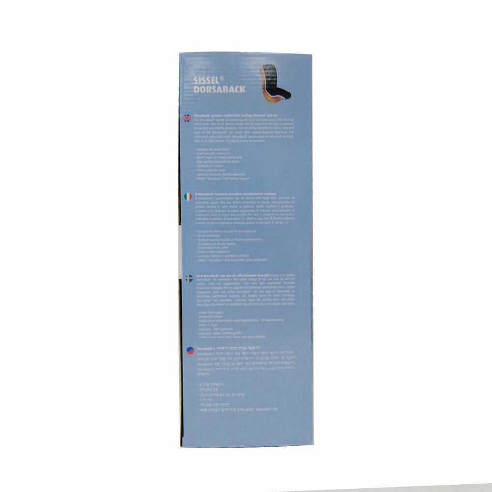 Verpackung der Sissel® Dorsaback Rückenstütze. Seitliche Ansicht mit Produktabbildung und Text in mehreren Sprachen.
