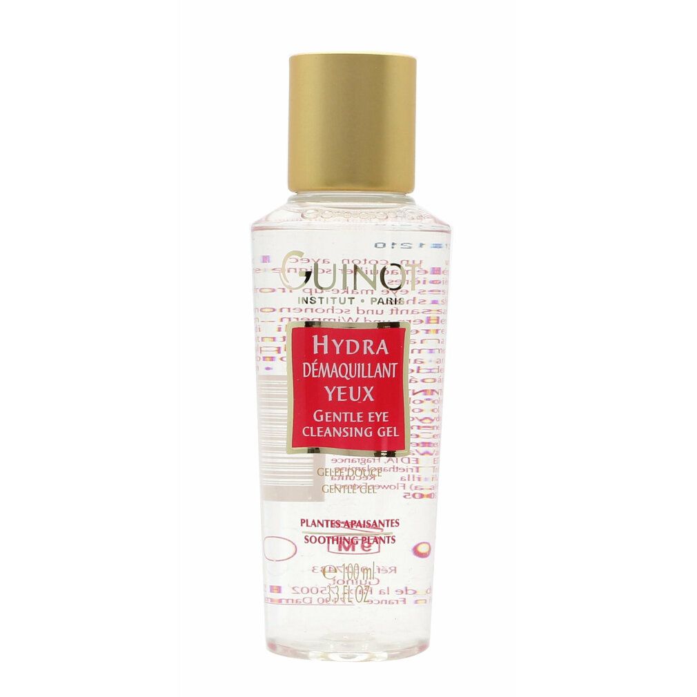 Flacon transparent avec bouchon doré. Étiquette rouge avec texte: Hydra Dmaquillant Yeux Gentle Eye Cleansing Gel. Marque: Guinot.