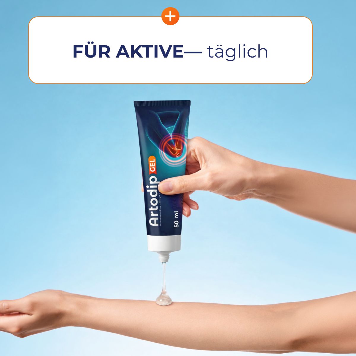 Tube mit Produktnamen und Logo. Gel wird auf Arm aufgetragen. Text: Für Aktive - täglich.
