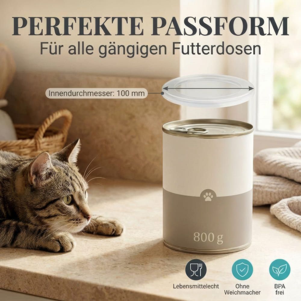 Weißer Deckel auf einer Dose. Aufschrift: „PERFEKTE PASSFORM“. Innendurchmesser: 100 mm. Dose mit 800g.