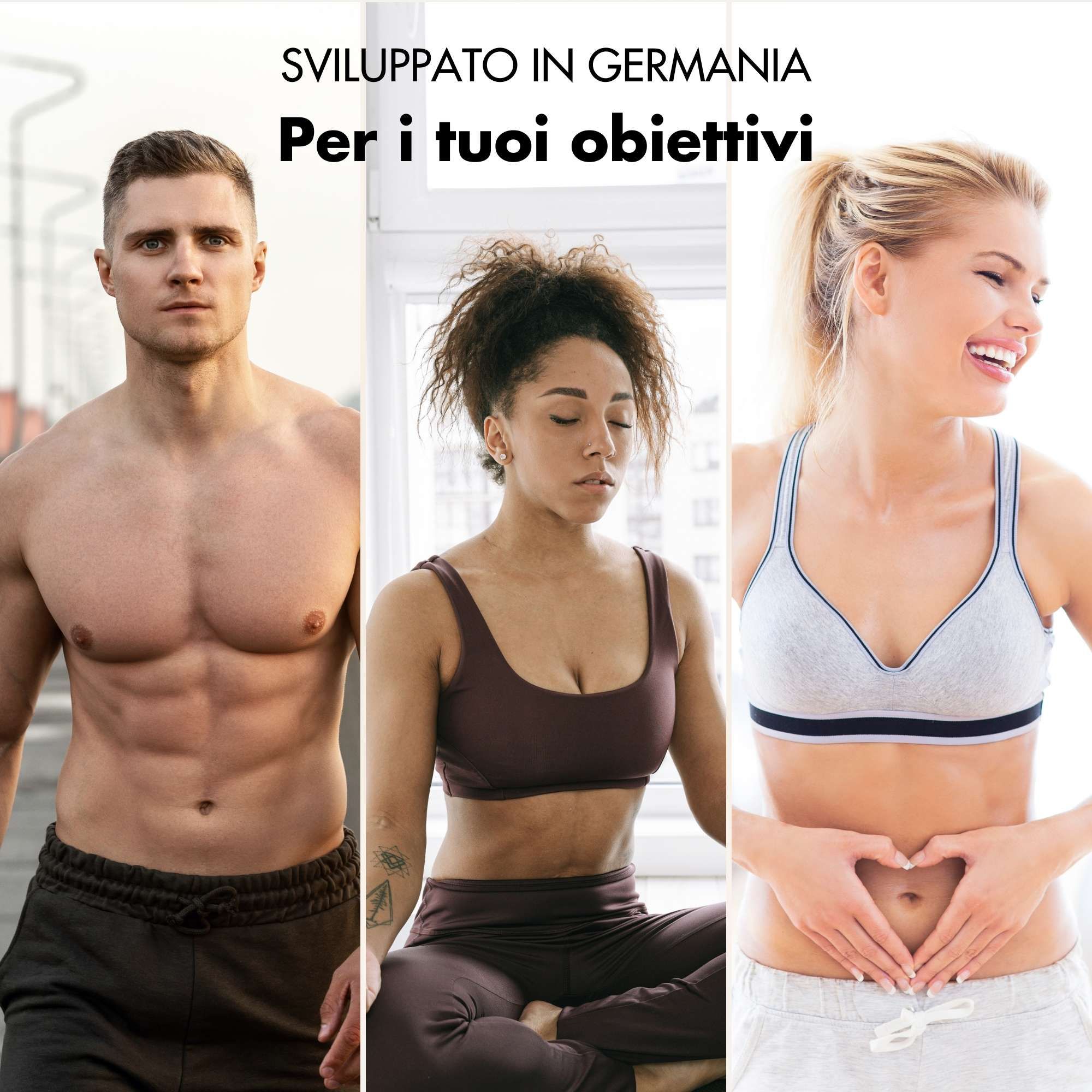 Tre persone. Uomo, donna in meditazione, donna con mani a cuore. Testo: Sviluppato in Germania. Per i tuoi obiettivi.