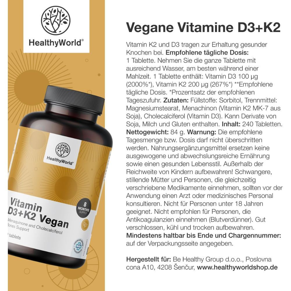 Flasche mit Tabletten. Text. Marke: HealthyWorld. Text: Vegane Vitamine D3+K2. 240 Tabletten. Text.