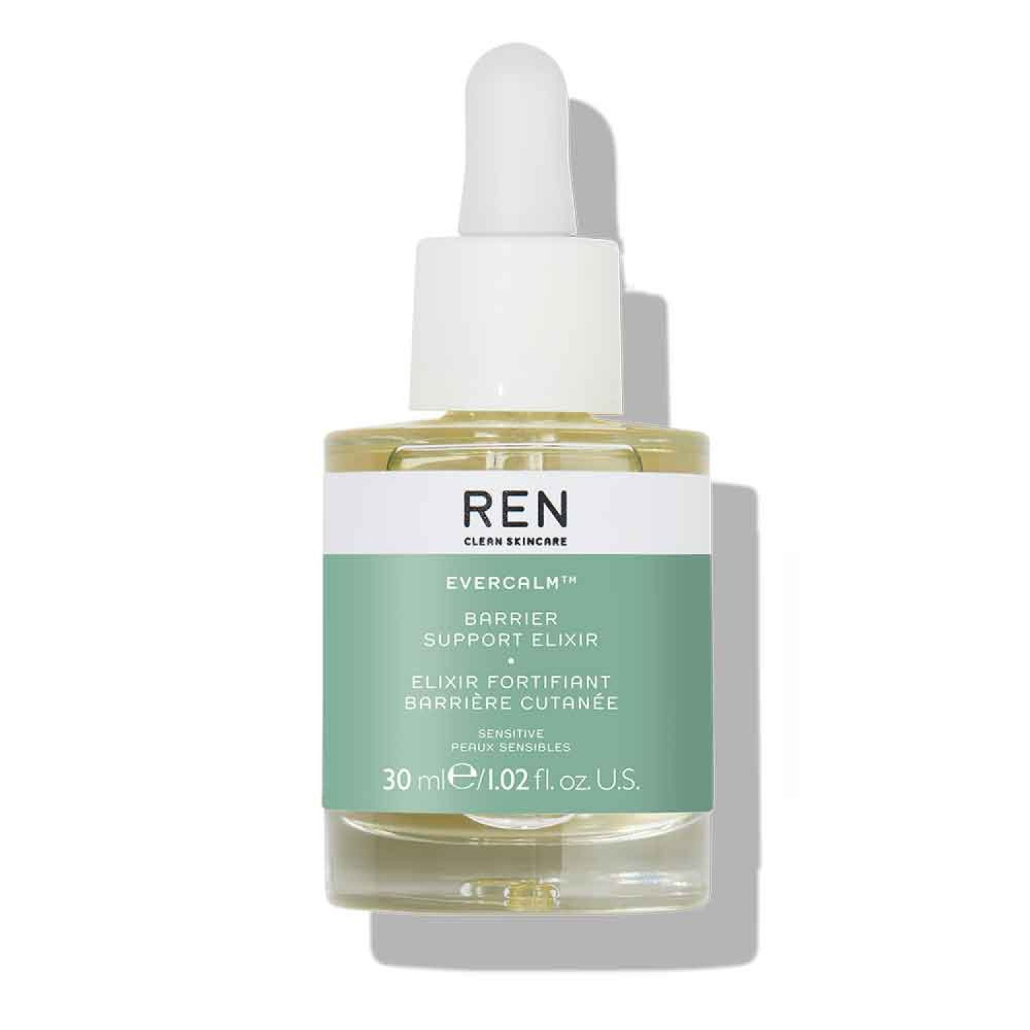 Fläschchen mit Pipette. Aufschrift: REN, EVERCALM Barrier Support Elixir, 30 ml/1.02 fl. oz. U.S.