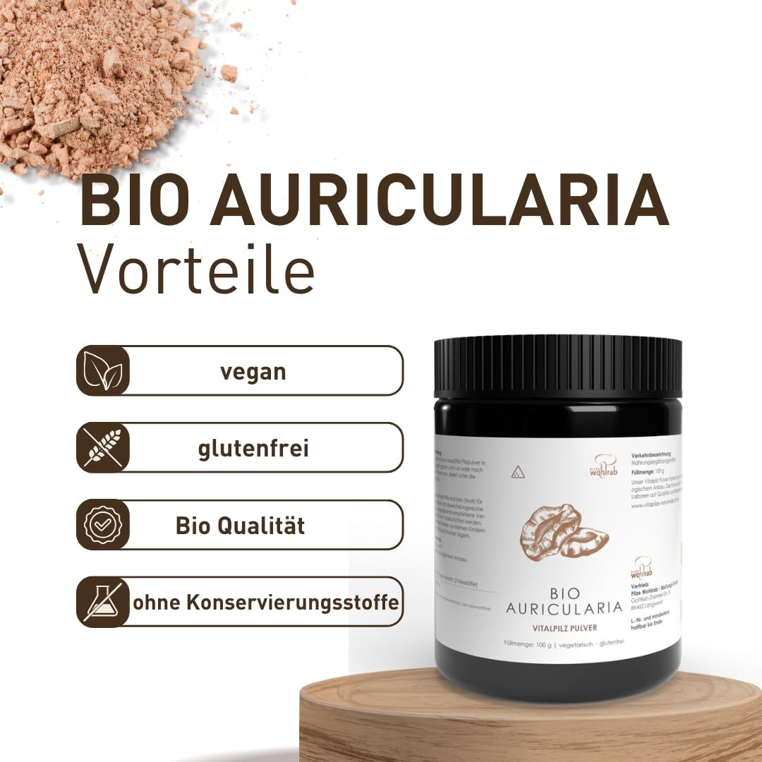 BIO Auricularia Vorteile. Aufschrift: vegan, glutenfrei, Bio Qualität, ohne Konservierungsstoffe. Dose und Pulver.