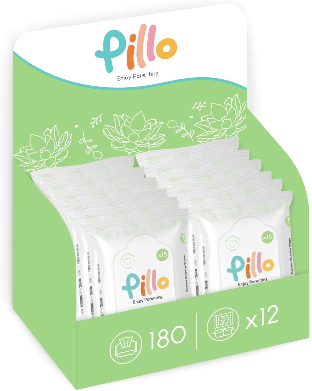 Verkaufsdisplay mit 12 Packungen Pillo-Reinigungstücher für Schnuller, je 15 Tücher. Grüne Verpackung mit Logo und floralem Muster.