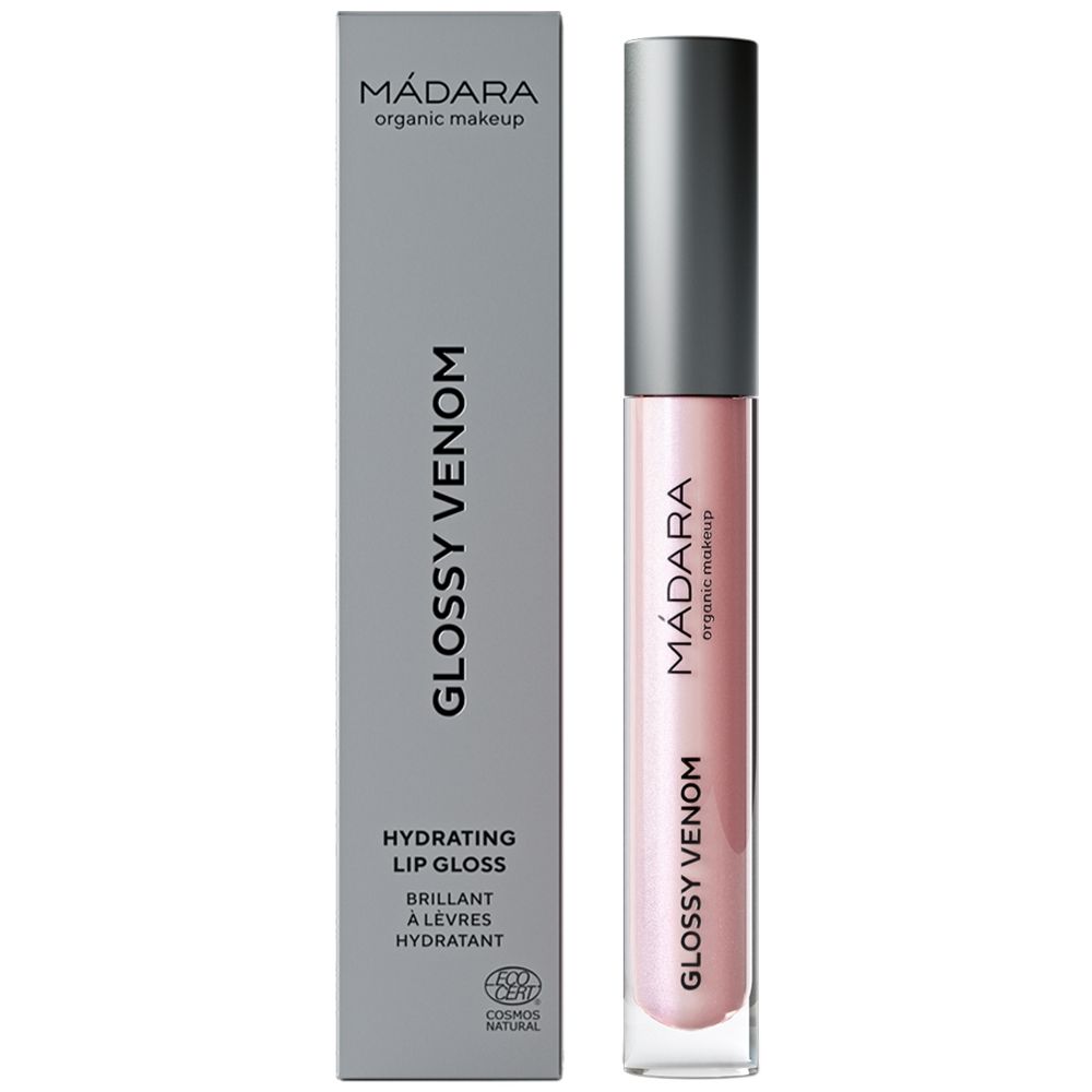 Lipgloss mit grauer Kappe und Verpackung. Auf der Verpackung steht "Glossy Venom" und "Hydrating Lip Gloss".