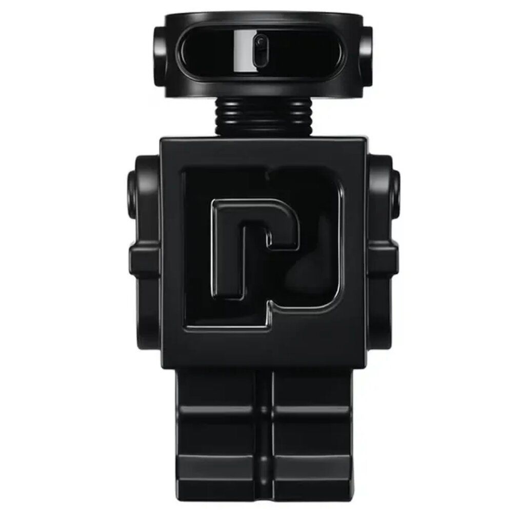 Schwarze Roboter-Parfümflasche. Quadratischer Körper, runder Kopf, 'P' im Brustbereich.