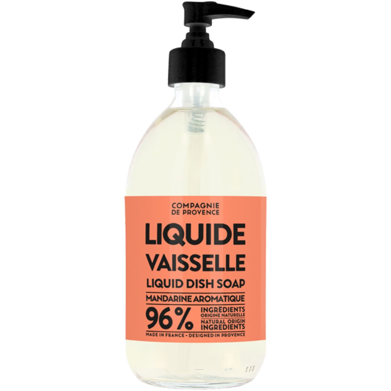 Klare Flasche mit schwarzem Spender. Etikett mit Schriftzug LIQUIDE VAISSELLE, Liquid Dish Soap, 96% Inhaltsstoffe.