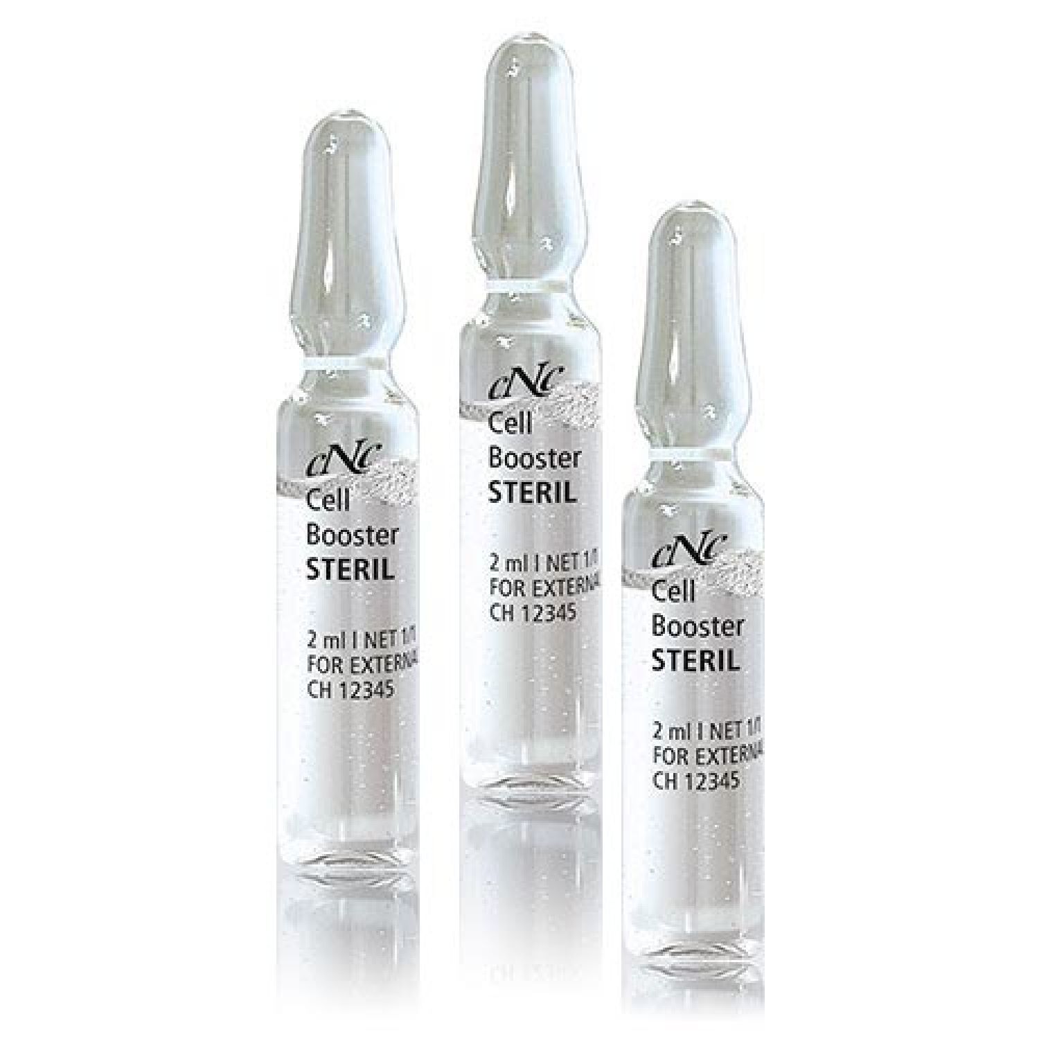 Drei Glasampullen mit Flüssigkeit. Aufschrift: CNC Cell Booster STERIL. Volumen: 2 ml. Für externe Anwendung.