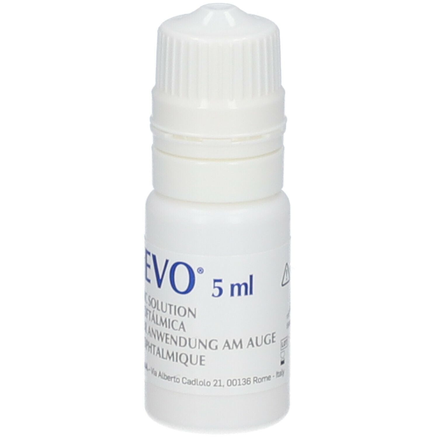 Weiße Flasche mit VisuEVO-Aufschrift. 5 ml. Ophthalmic Solution. Tropfflasche mit weißem Verschluss.
