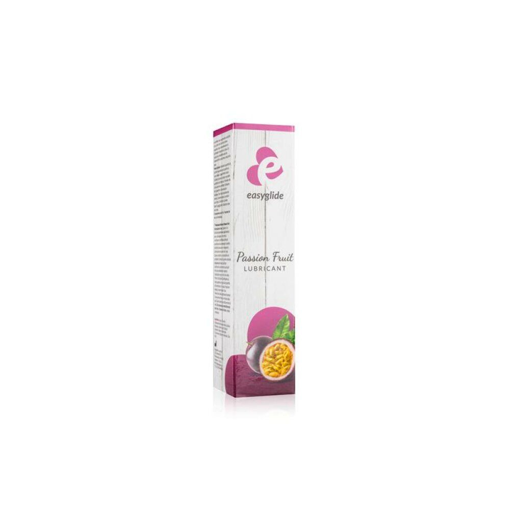 Verpackung mit Logo, Produktname und Passionsfrucht-Illustration. Rechteckige Form, rosa und weiße Farbkombination.