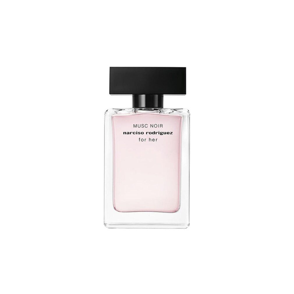 Flakon von Narciso Rodriguez Musc Noir for Her. Rechteckige Form, schwarzer Deckel, rosa Flüssigkeit, Text auf dem Etikett.