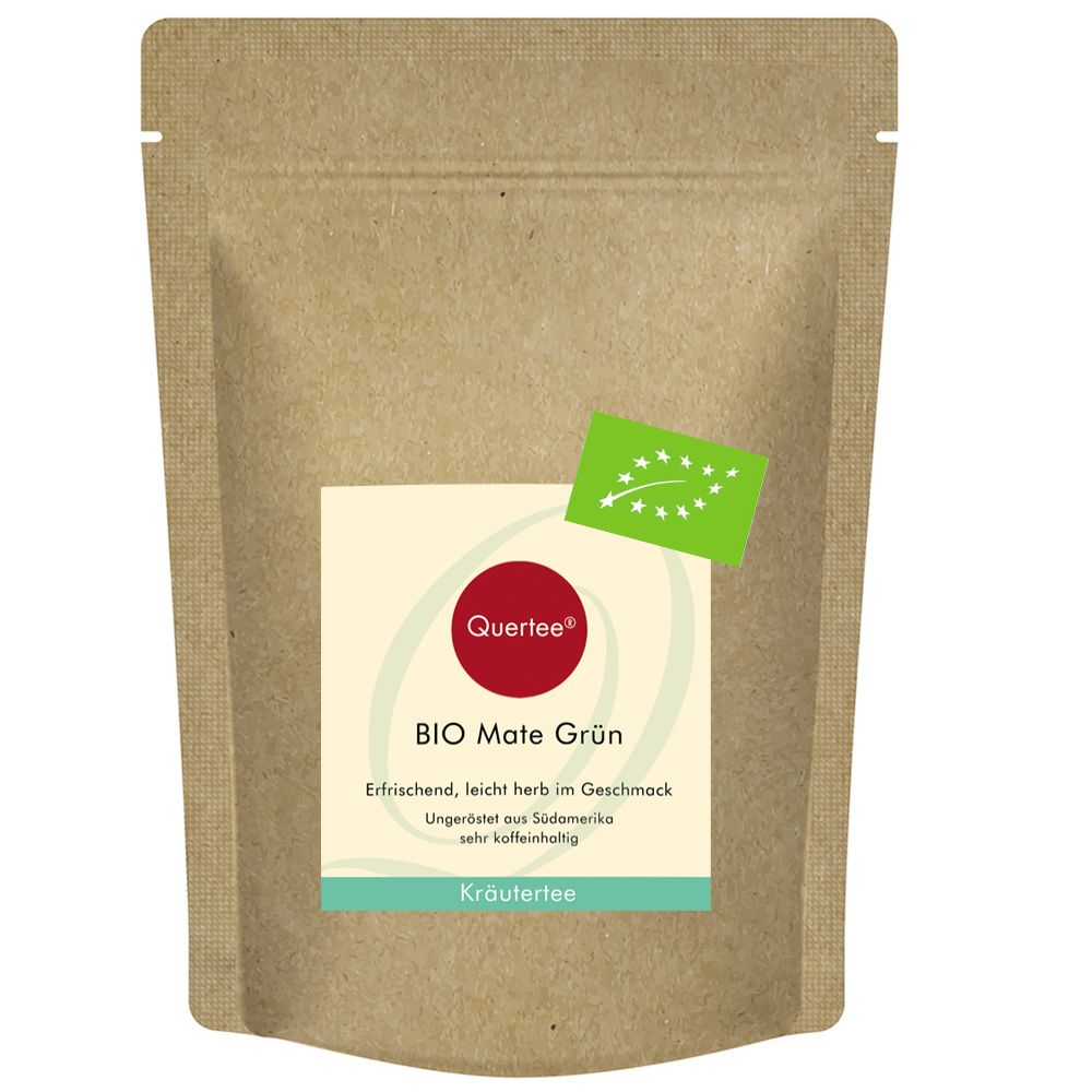 Quertee BIO Mate Grün in brauner Verpackung. Mit Bio-Siegel. Text: BIO Mate Grün, Kräutertee, koffeinhaltig.