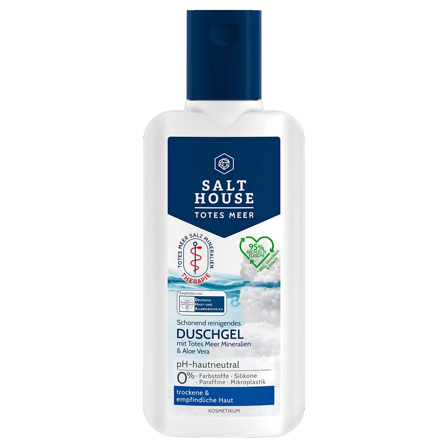 Weiße Flasche mit blauem Deckel. Aufschrift: SALT HOUSE TOTES MEER. Text: Duschgel, pH-hautneutral. Logo: 95% Inhaltsstoffe natürlichen Ursprungs.