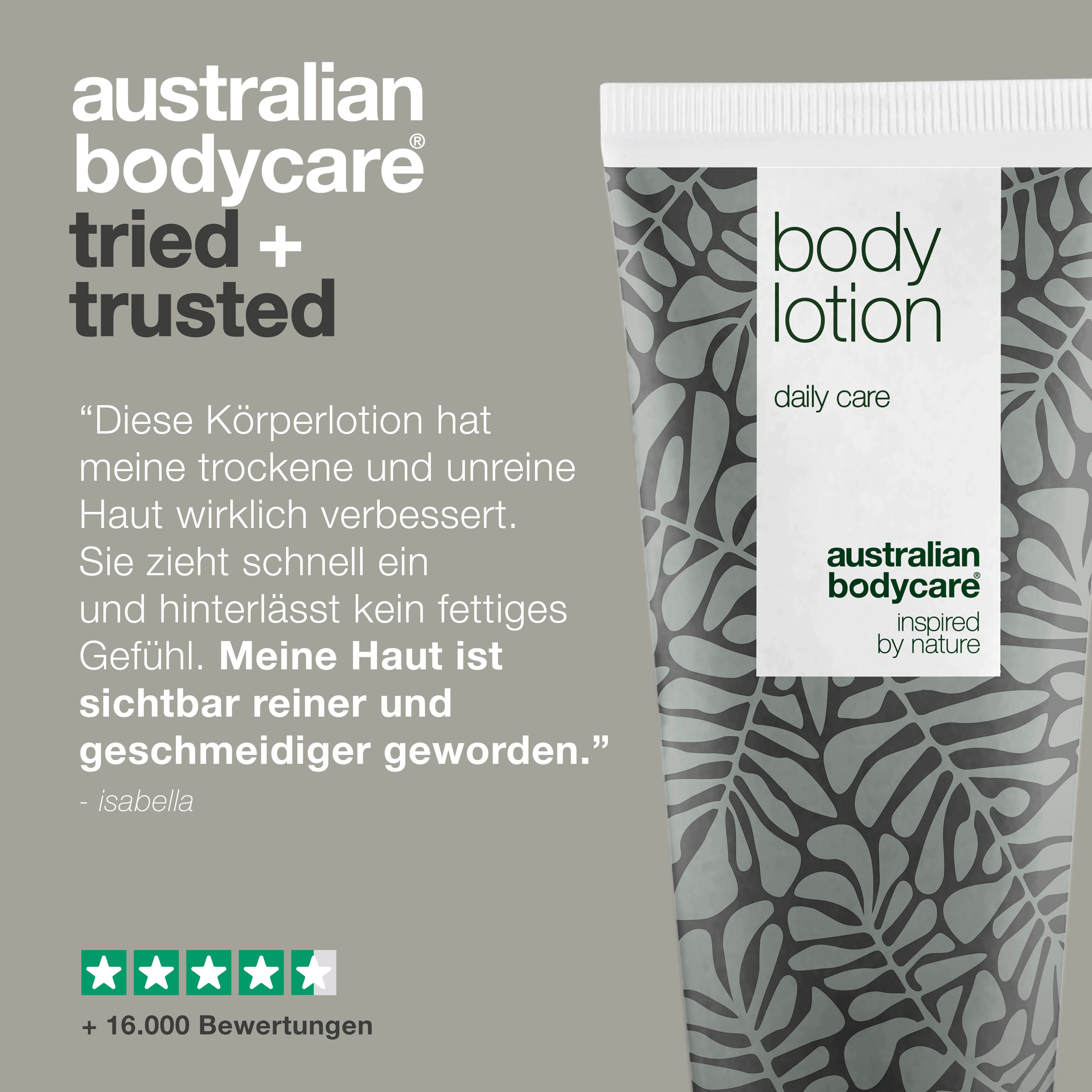 Tube: Body Lotion, daily care. Logo: Australian Bodycare. Text: Tried + trusted.