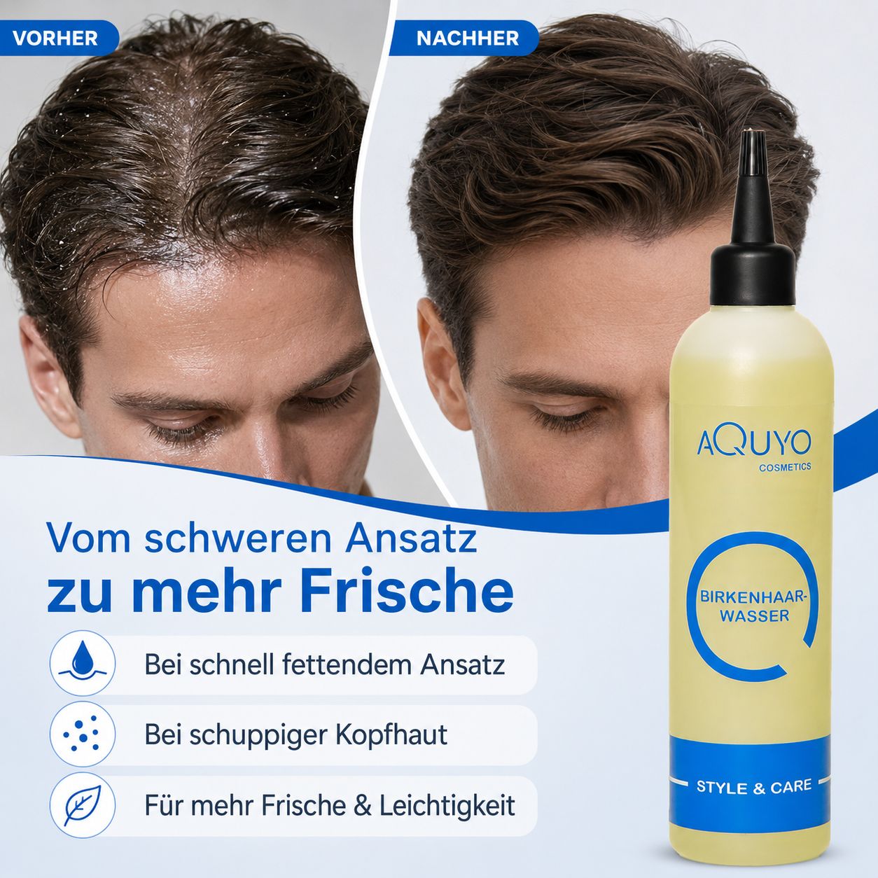Gelbliche Flasche mit schwarzem Applikator. Aufschrift: Birkenhaarwasser. Vorher/Nachher-Vergleich. Text: Vom schweren Ansatz zu mehr Frische.