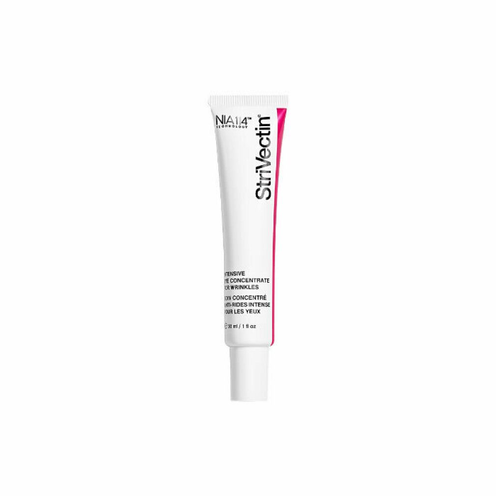 Weiße Tube Strivectin Intensive Eye Concentrate. Rosa und schwarzer Text. Auf weißem Hintergrund.