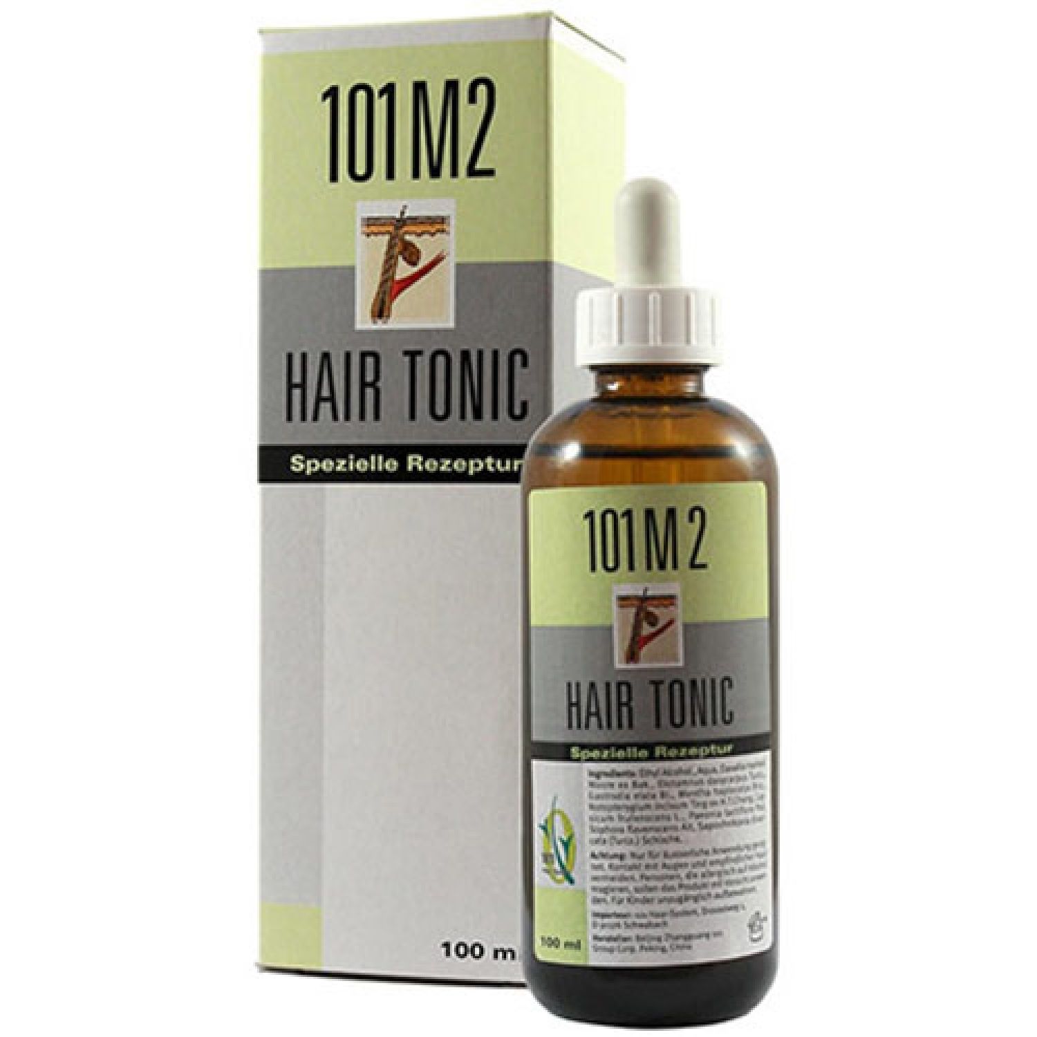Braune Glasflasche mit Pipette und Karton. Aufschrift: 101 M2 HAIR TONIC. Spezielle Rezeptur. Grün-graue Verpackung.