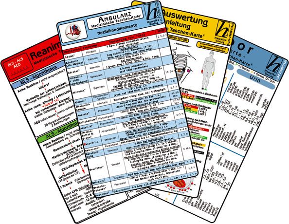 Karten-Set für medizinische Notfälle. Enthält Informationen zu Reanimation, Medikamenten und Auswertung. Mehrere Karten.