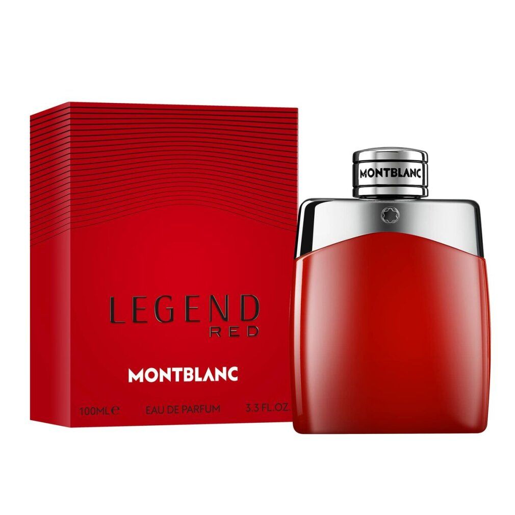 Roter Flakon und Schachtel. Auf der Schachtel steht LEGEND RED und MONTBLANC. 100ml und 3.3 FL.OZ.