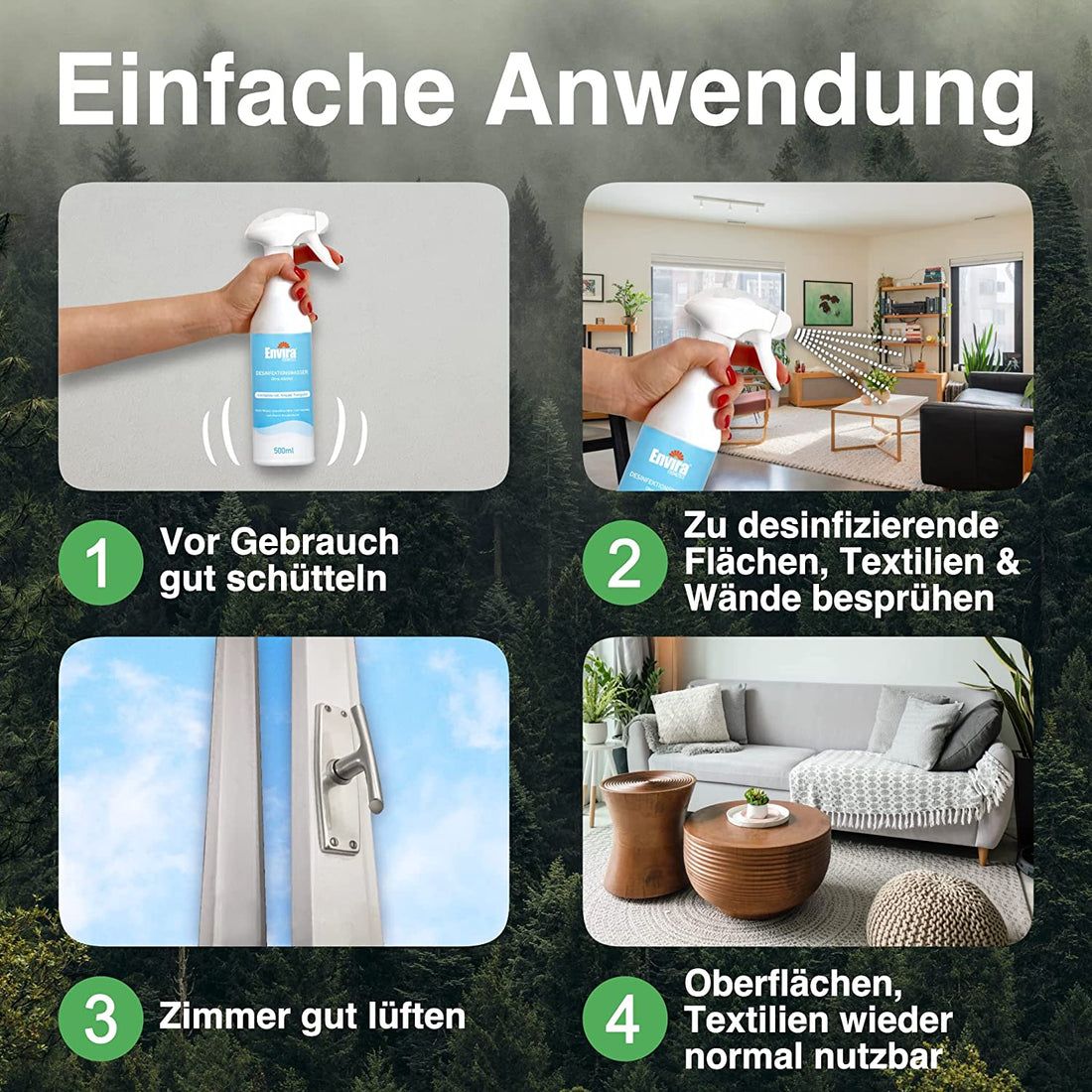 Vier Bilder zeigen Anwendungsschritte: Schütteln, Sprühen, Lüften, Nutzung. Hintergrund: Wald.