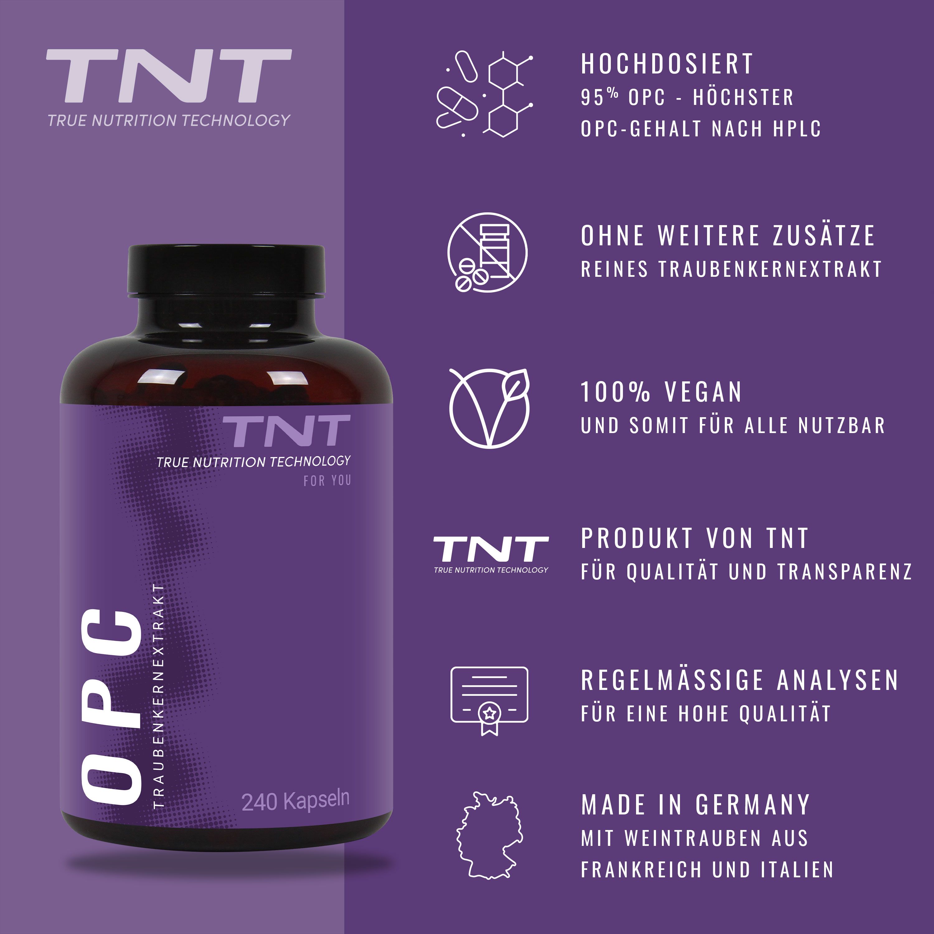 Flasche mit lila Etikett. Aufschrift: TNT OPC Traubenkernextrakt. 240 Kapseln. Logos: Vegan, Made in Germany. Schwarzer Deckel.