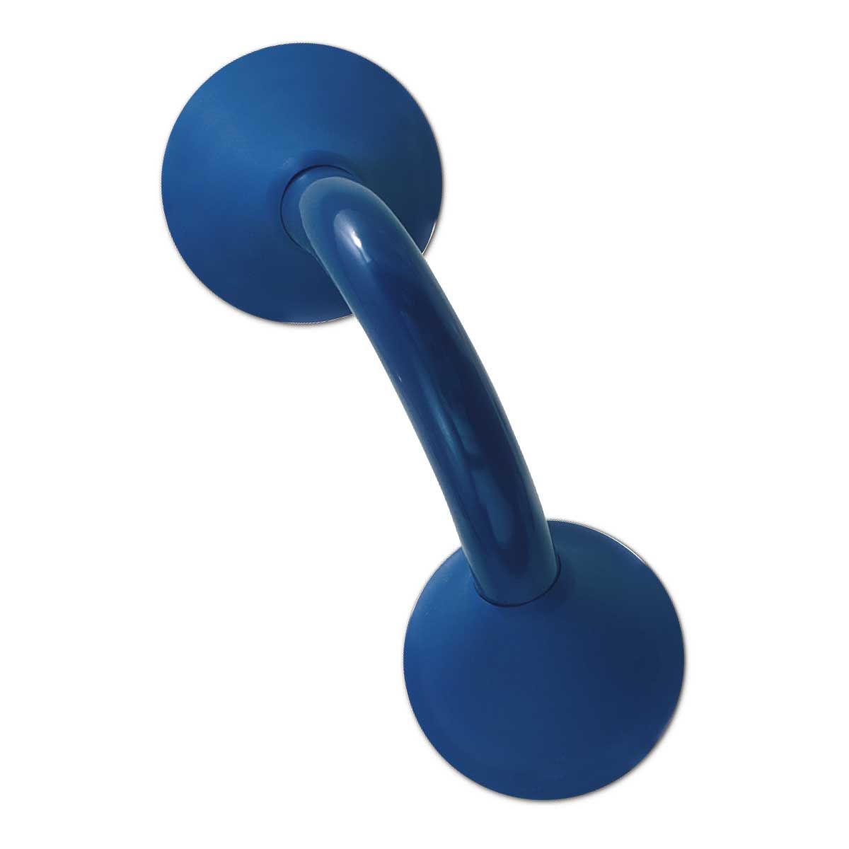 Blauer Ergogrip Wandhaltegriff kurz. Gebogene Form mit zwei runden Halterungen.