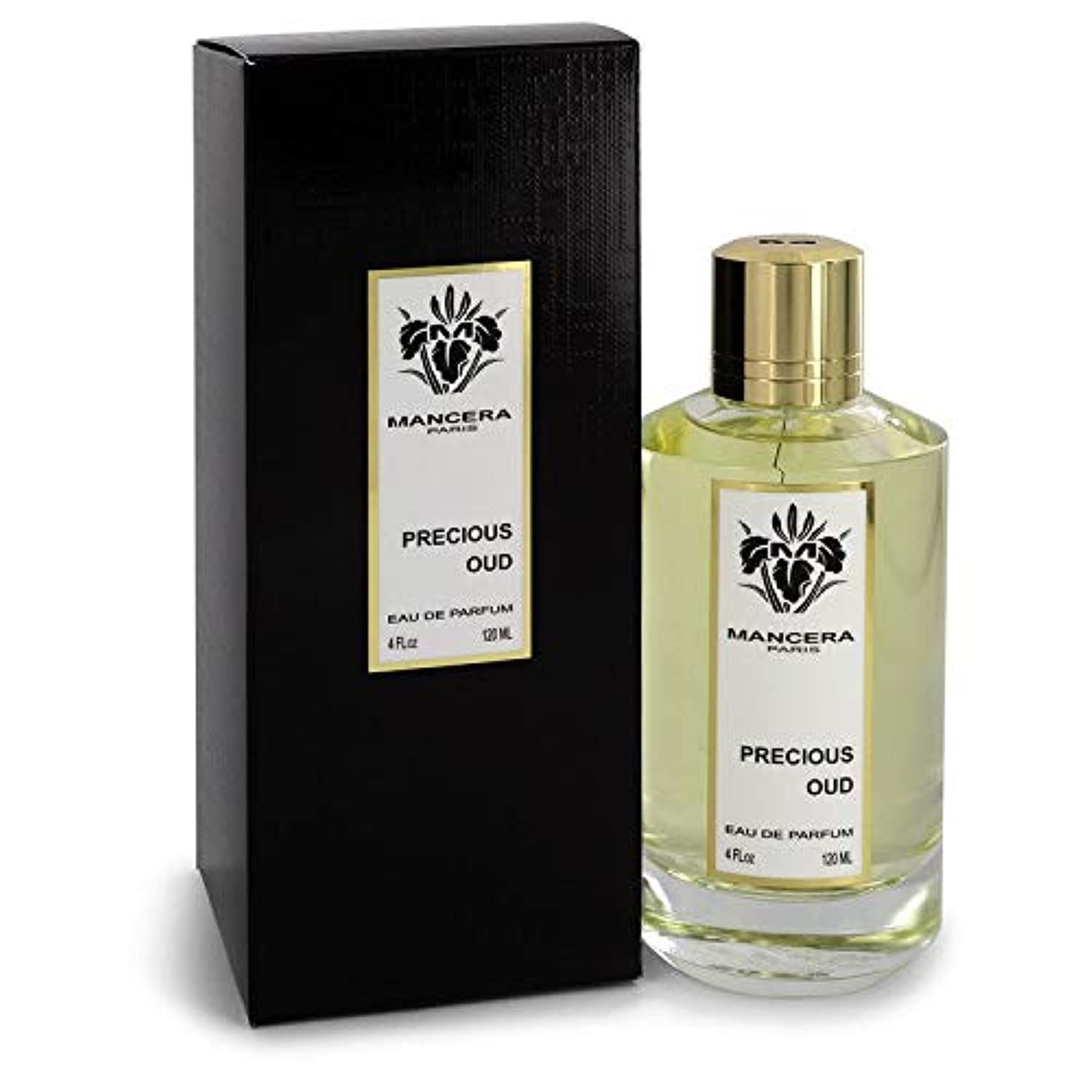 Eine Flasche Mancera Precious Oud Eau de Parfum Spray mit schwarzer Verpackung. Auf der Flasche und der Verpackung ist das Logo und der Produktname zu sehen.