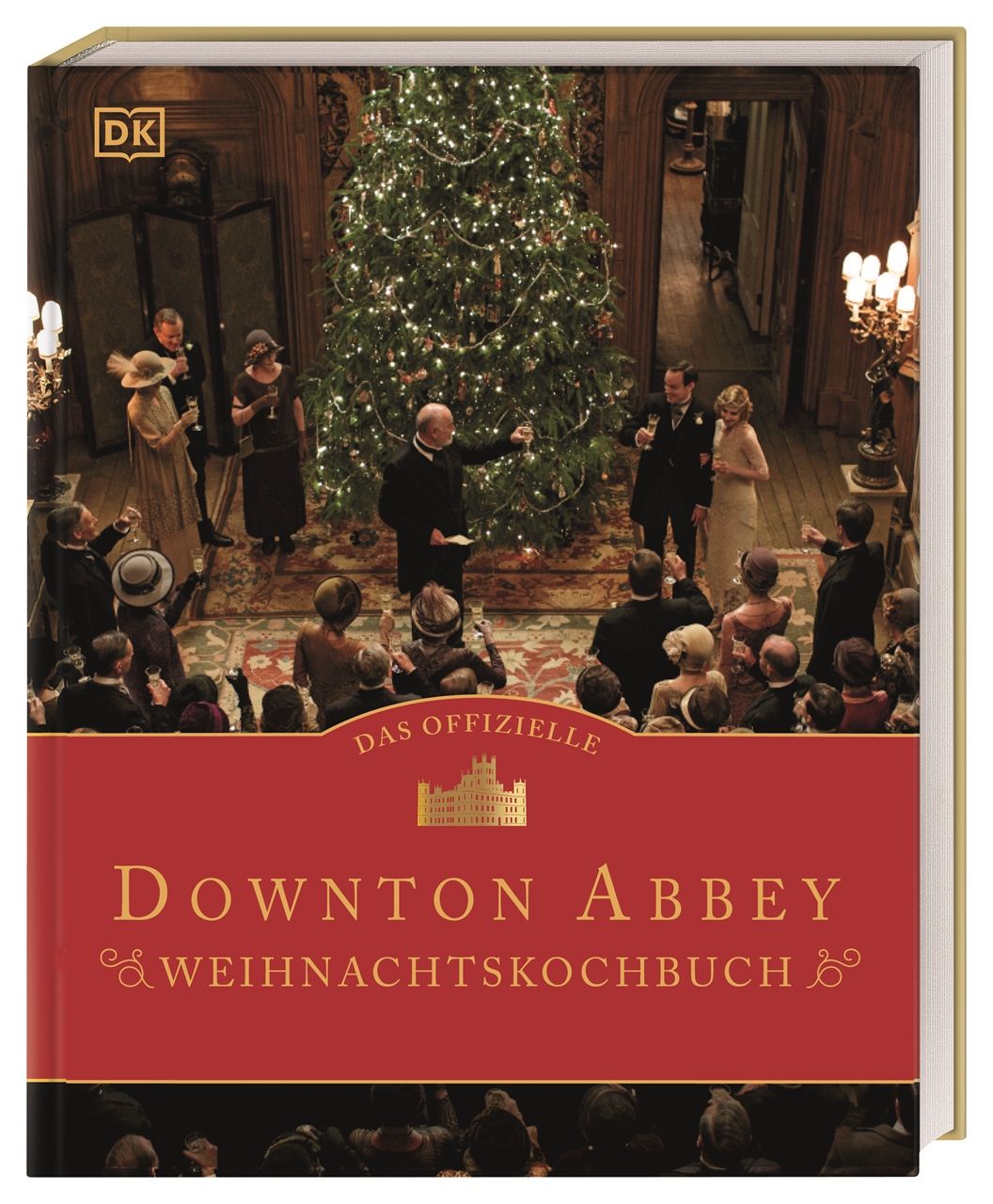 Buchcover mit Szene aus Downton Abbey. Titel: Das offizielle Downton-Abbey-Weihnachtskochbuch. Roter Hintergrund, goldene Schrift, Weihnachtsbaum.
