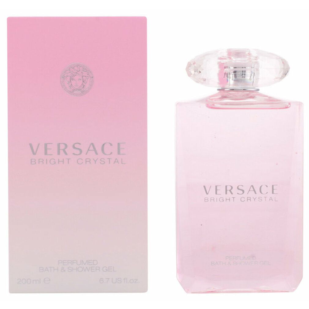 Rosa Flasche und Schachtel. Aufschrift: VERSACE Bright Crystal, Perfumed Bath & Shower Gel. 200ml, 6.7 US fl.oz.