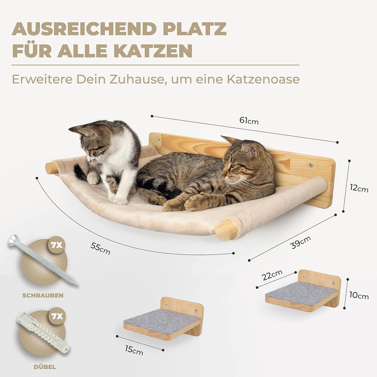 WOOWOOD® Katzenhängematte aus Massivholz inkl. 2 Katzentreppen Wand