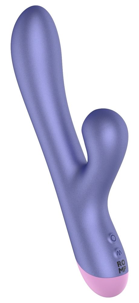 Lila Vibrator mit rosa Spitze. Der Vibrator hat eine gebogene Form mit einem hervorstehenden Teil und zwei Knöpfen.