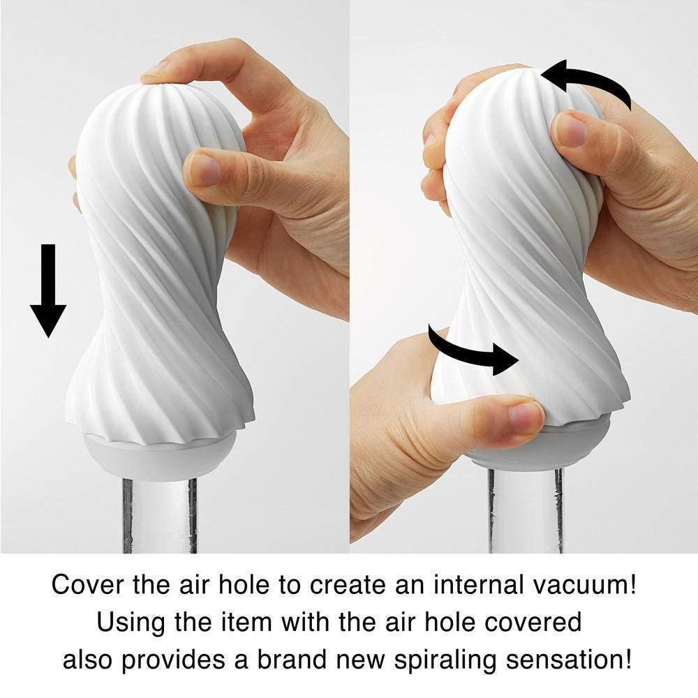 Hände halten ein weißes, spiralförmiges Produkt. Es wird gedreht und abgedeckt.