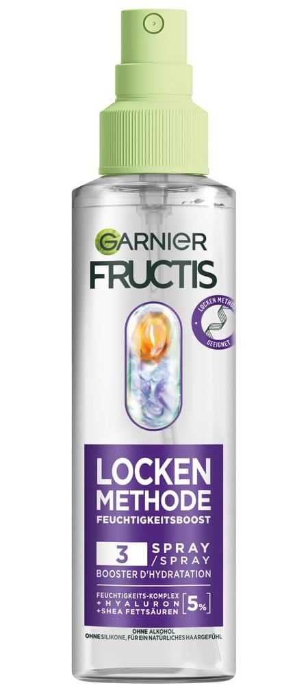 Garnier Fructis Locken Methode Spray. Text: 3 Spray, Booster d'Hydratation, 5%.