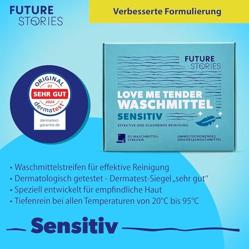 Box mit Waschmittelstreifen. Text: Dermatest-Siegel, Sensitiv. Logo: Dermatest. Hintergrund: blau.