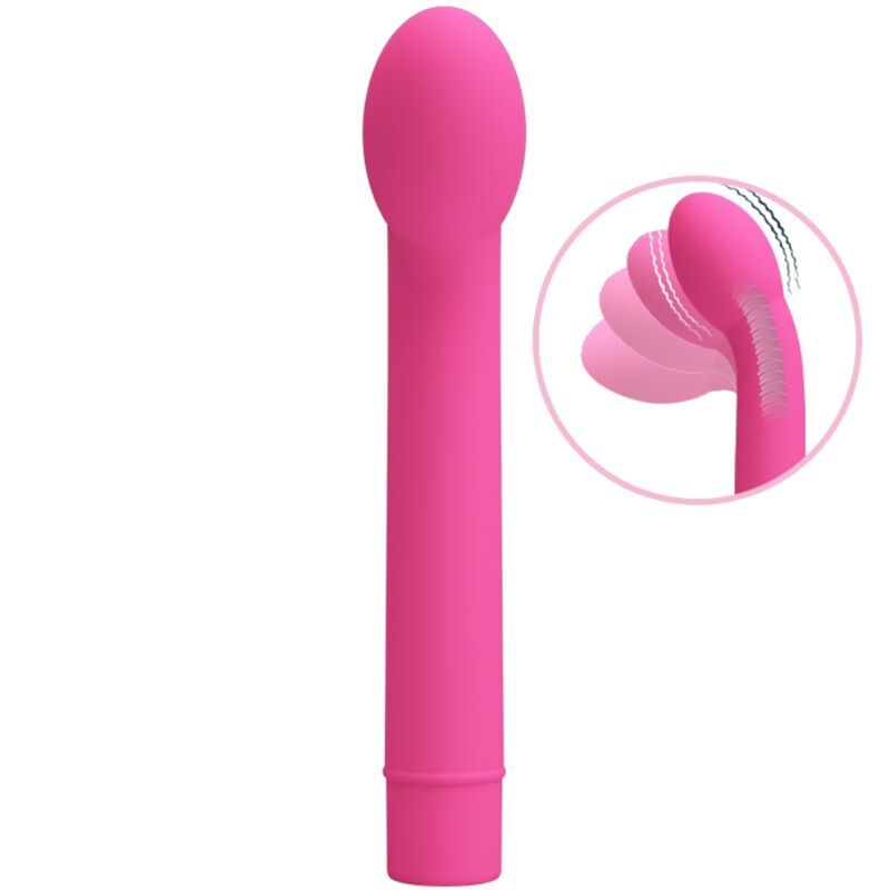 Rosa Vibrator mit ovalem Kopf und zylindrischem Schaft. Zusätzliche Nahaufnahme mit geriffelter Oberfläche.