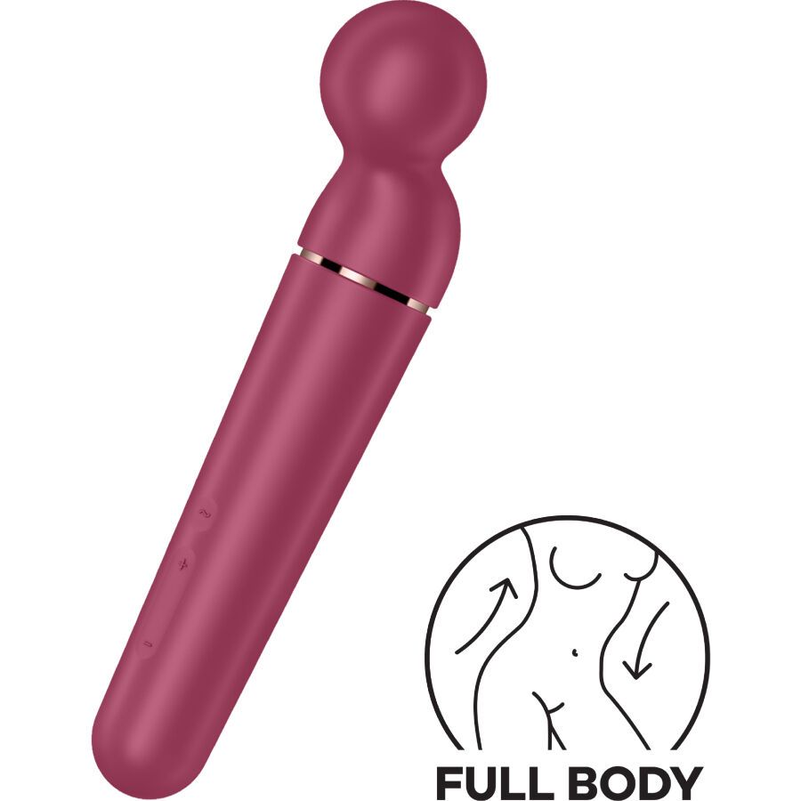 Bordeauxfarbener Vibrator mit rundem Kopf und zylindrischem Schaft. Illustration: Ganzkörper. Drei Knöpfe.