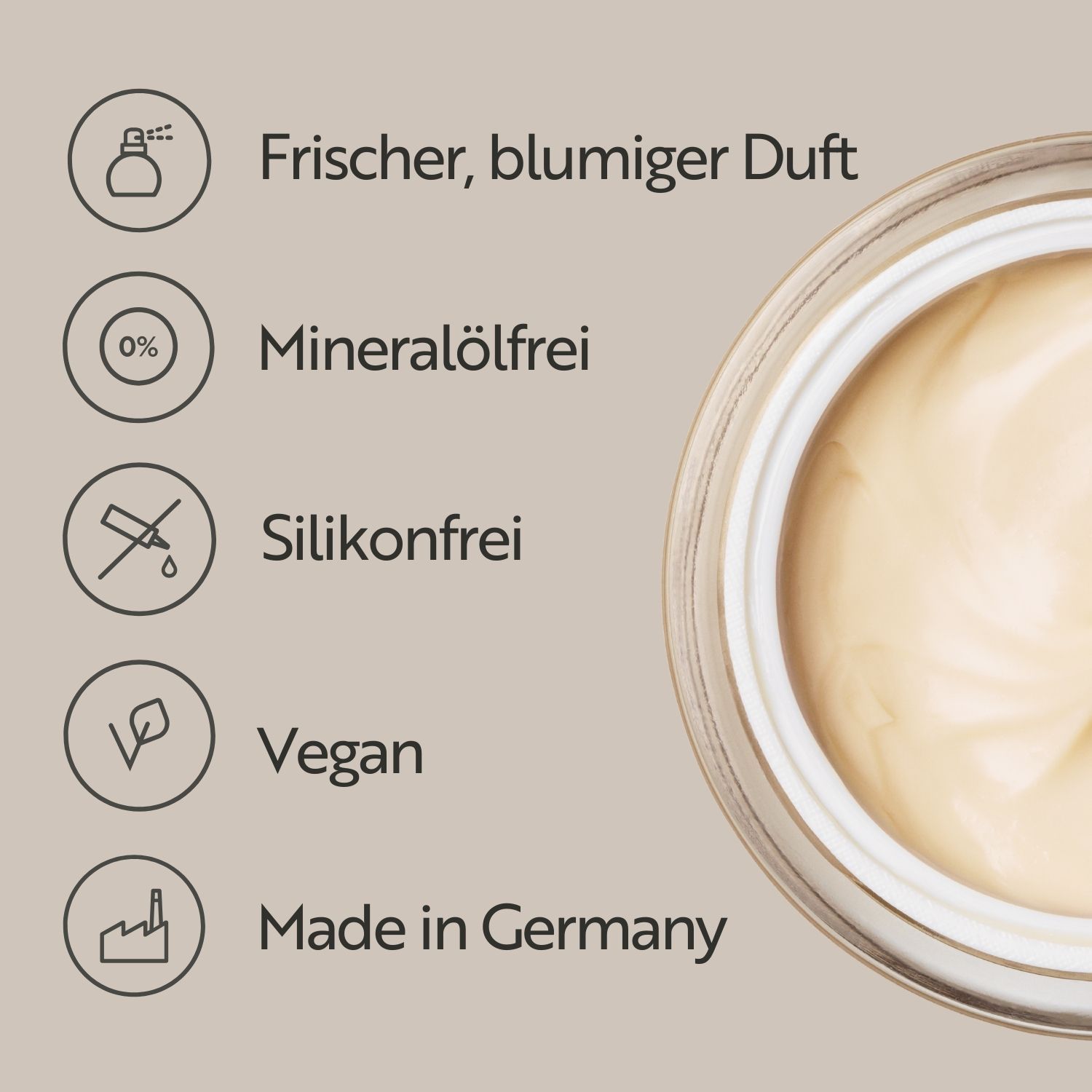 Nahaufnahme des Produkts. Text: Frischer, blumiger Duft. Mineralölfrei. Silikonfrei. Vegan. Made in Germany.