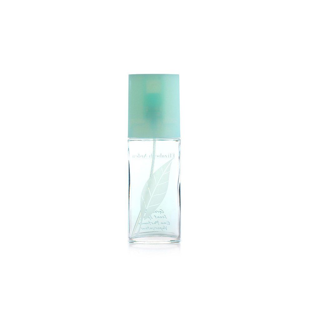 Grüner Tee Eau Parfumée Spray. Flasche mit grünem Zerstäuber und Deckel. Blatt-Logo und Produktbezeichnung.