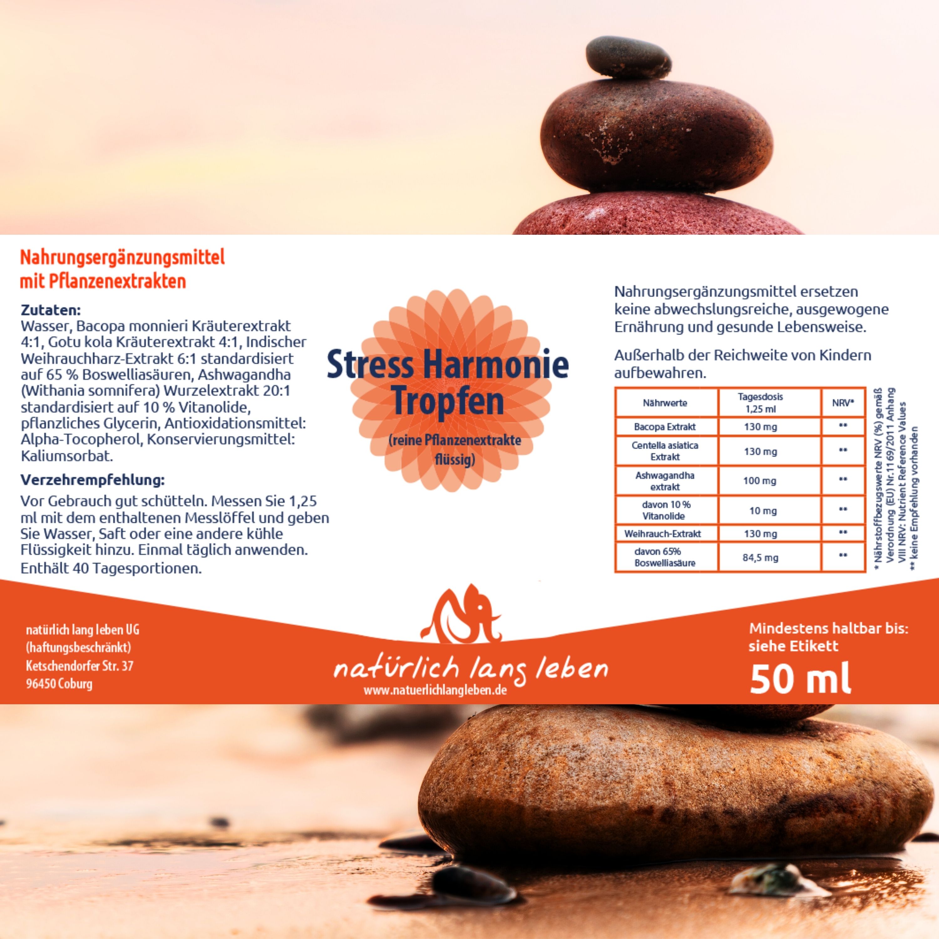 Etikett mit Inhaltsstoffen und Nährwertangaben. "Stress Harmonie Tropfen" und Logo. "natürlich lang leben" und 50 ml.