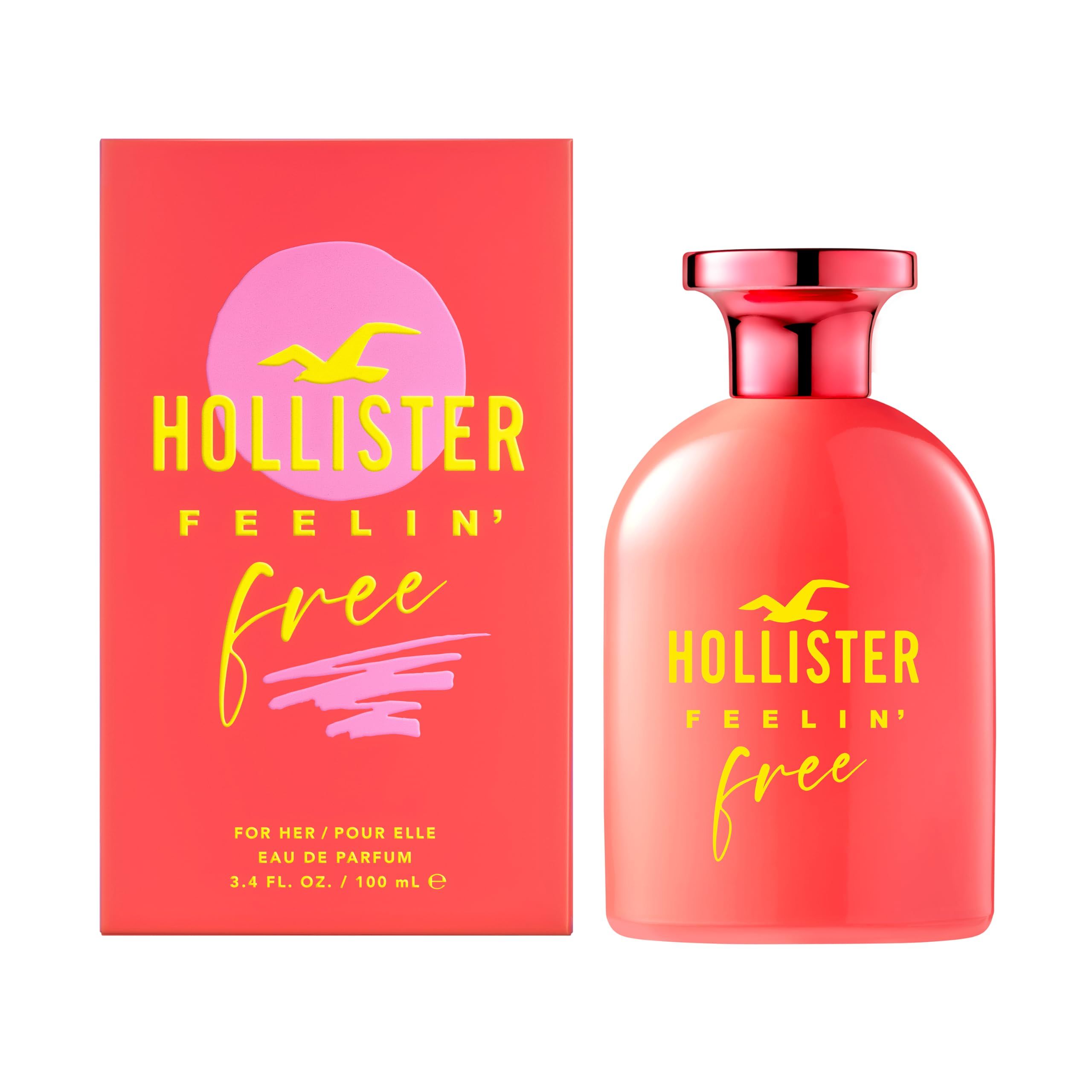 Roter Flakon und Verpackung. Aufschrift: Hollister Feelin' Free. Gelber Text. Rosa Hintergrund.