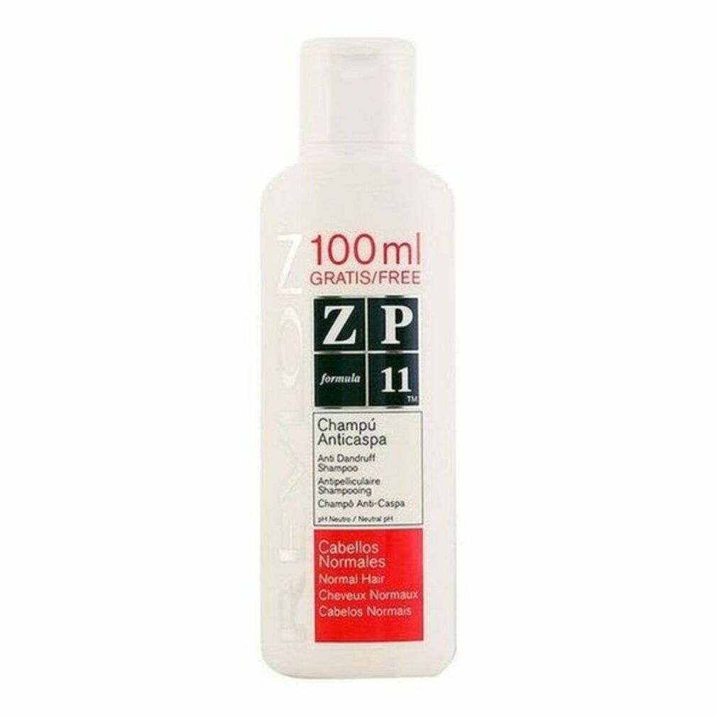 Weiße Shampoo-Flasche mit roter Beschriftung. Aufschrift: ZP 11, Champú Anticaspa, Cabellos Normales. 100 ml.
